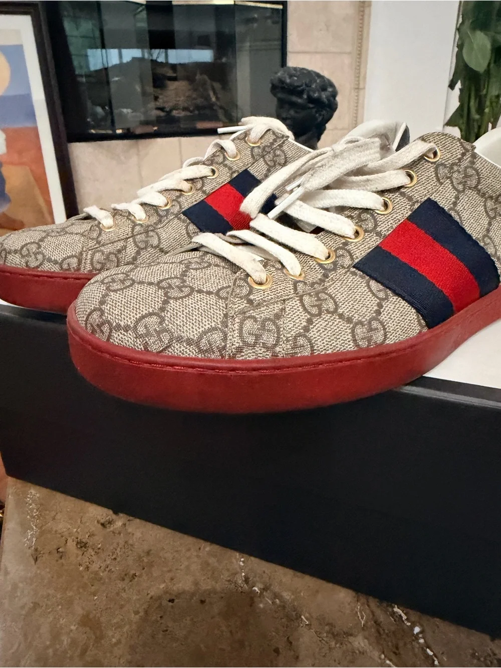 Gucci Beige GG Canvas Sneakers with Red & Navy Web and Red Sole